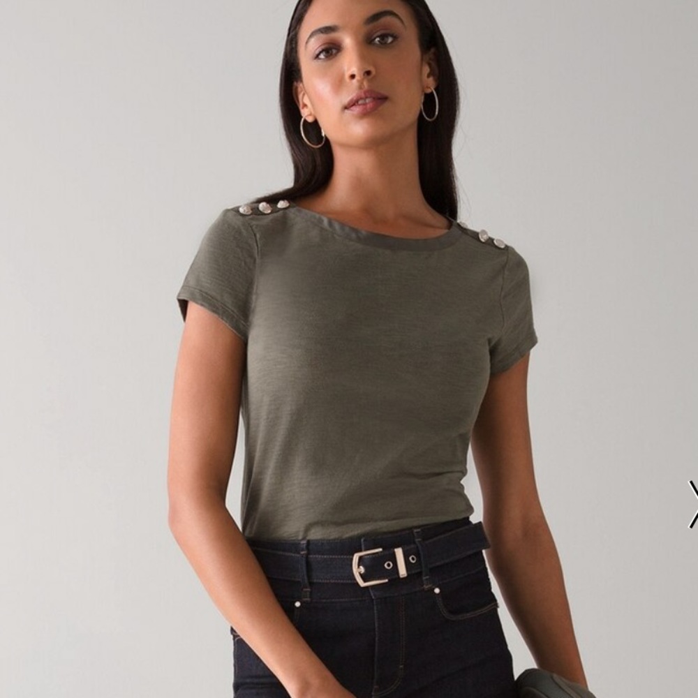 WHBM Green Olive Short Sleeve Classy Button Detail T Shirt Blouse Top